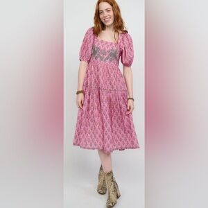 Sister Mary Women’s Large L Pink Marisol Floral Bird Embroidered Midi Dress